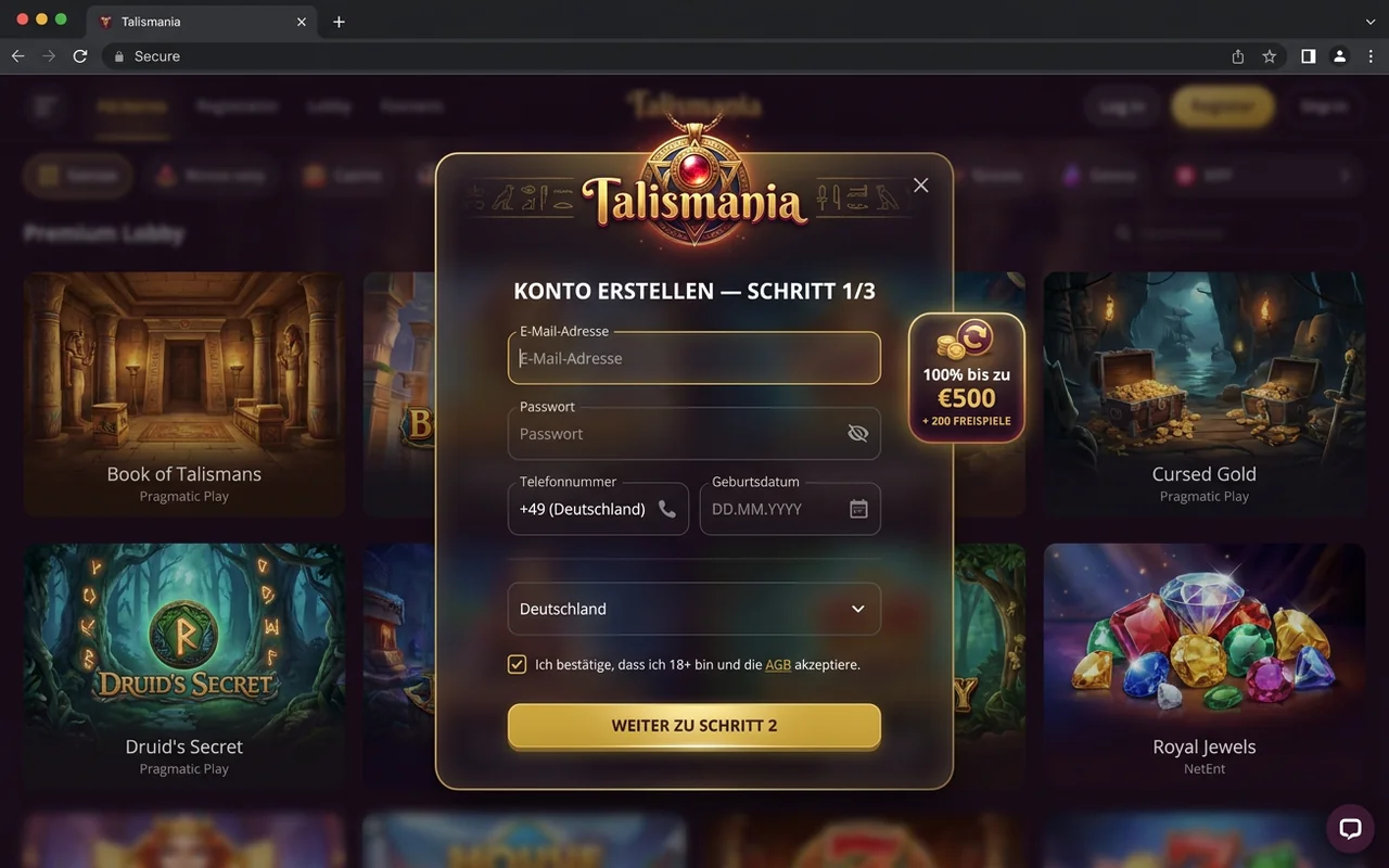 Registrierung in unter 60 Sekunden – Talismania